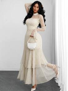 Vestido moderno, romántico, sexy y elegante con estampado de lunares, cuello alto, cintura con doble abertura y dobladillo multicapa, adecuado para citas, vacaciones y vida diaria en primavera - Albaricoque - Ver 6
