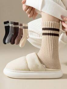1/3/5 Đôi tất cotton sọc cổ điển mùa thu/đông, phong cách đại học cổ điển, đa năng, ấm áp, độ đàn hồi cao, chống xù lông, thân thiện với da, thoáng khí, mềm mại và thoải mái, thích hợp cho việc đi lại hàng ngày - Nhiều màu - Xem 2