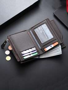 1pc Men's Solid Color Short Wallet With Side Zipper, Multi-Functional Card Slots - Multicolor - View 2