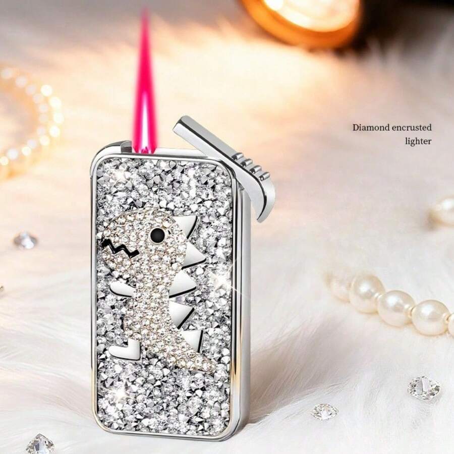 Cute Innovative Lighter, Dual Flame Windproof Lighter, Metal Embossed Rhinestone Butane Torch Lighter, Refillable Adjustable Flame - Khủng long trắng (Không có khí) - Xem 1