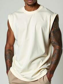 Men's Macho Tank Top, Low-Cut, Bodybuilder Style, Workout Gym, 100% Premium Cotton - Beige - View 3