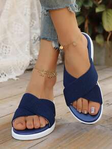 New In Summer, Black Fashionable Versatile Soft-Soled Outer Slippers, Breathable Mesh Sandals, Non-Slip Soft Soles, Versatile Black Cross-Strapped Slippers, Soft Elastic Soles, Super Comfortable To Go Shopping, Fashionable Lazy Sandals, Black Cross Design, Light And Non-Grinding Feet, Wear Non-Slip Slippers, Black Mesh Cross - Blue - View 13