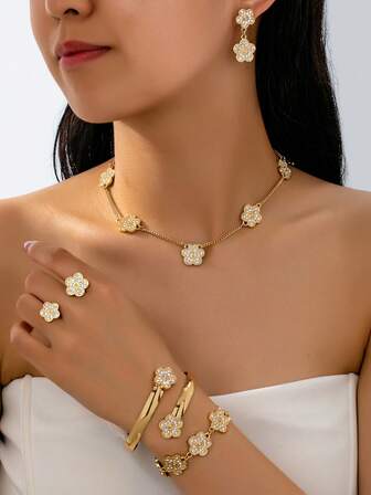 1 Set de Joyería con Diseño Floral Elegante Incrustado de Rhinestones, Sofisticado y Versátil, Adecuado para Mujeres, Regalo del Día de San Valentín