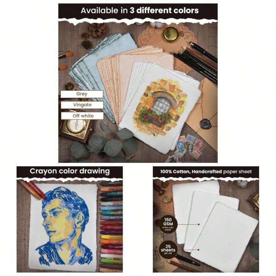 Watercolor Paper - 6 X 4 Inches - 25 Sheets Watercolor Paper Drawing, Sketching, Painting Crafts - 150 GSM Thick Deckle Virgin Cotton Handmade Paper - Vintage - 米白色 + 6 x 4 英寸 - 查看 1
