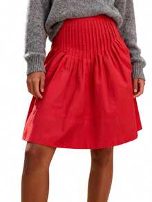 Women Summer Midi Skirts Casual Elegant Solid Color Pleated Waist Loose Skirt For Beach Vacation Club Streetwear - 紅色 - 查看 7