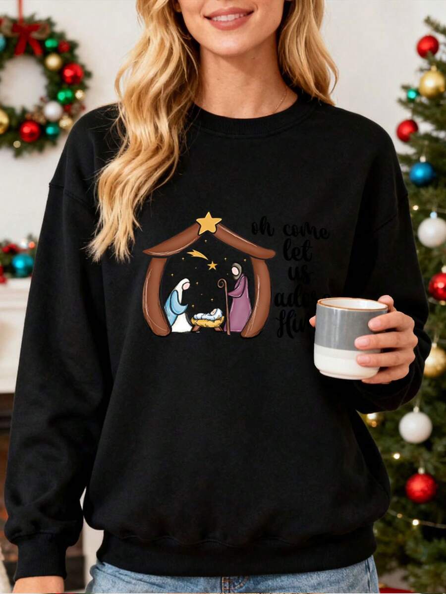 Crewneck Sweatshirt para Mujer con Estampado del nacimiento de Jesús, Adecuada para Fiestas de Navidad, Regalo Ideal para Amantes de la Religión, Confortable y Stylish - Negro - Ver 1