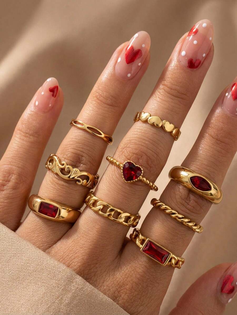 9件套彩色水晶几何仿宝石戒指套装，复古风格戒指，适合女士日常佩戴，可作礼物（请勿在淋浴时佩戴，请勿用力弯折，尺码偏小，请谨慎购买） - 金色 - 查看 1