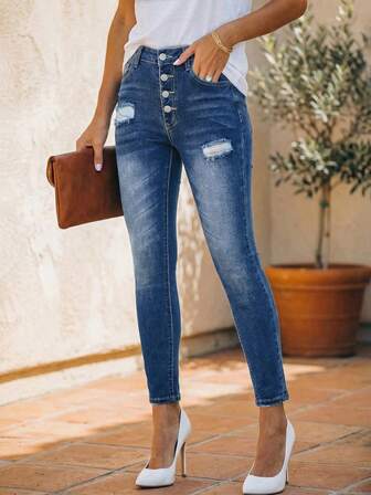 Women Casual Elegant Denim Skinny Cropped Jeans With Button Details And Medium Stretch Fabric