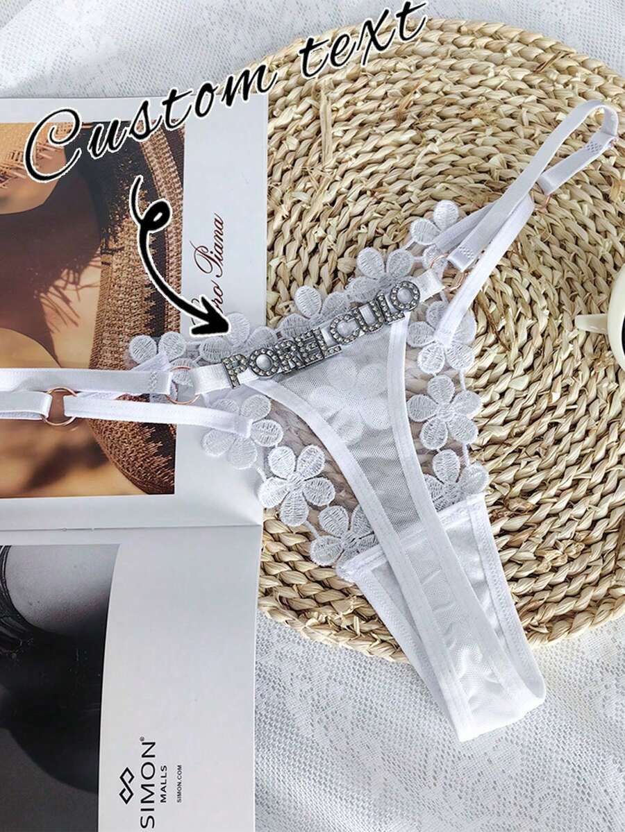 Customizable Rhinestone Letter Mesh Sexy Embroidered Princess Panties, Adjustable, Christmas Holiday Gift