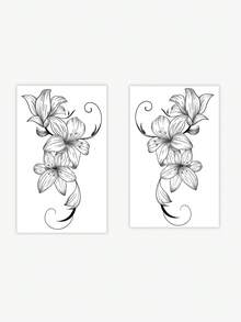 2 Packs Temporary Tattoo Stickers, 1 Regular Design & 1 Herbal Design, Both Feature Delicate Black Line Art Depicting Realistic Lily Flower Patterns, Suitable For Parties, Weddings And Special Occasions. Floral Themed Temporary Tattoos, Party Accessories, Naturally Inspired Design. - Black - View 7