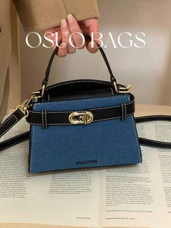 Bolso de mano de piel de imitación con patchwork de estilo retro, correa de hombro ajustable minimalista, herrajes sofisticados con cierre, bolso bandolera, cierre magnético multifunción y ligero para mujeres