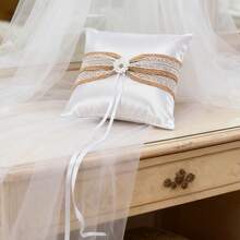 Almohada para anillos de boda con cinta decorativa blanca para llevar anillos en la fiesta de bodas. - Caqui - Ver 5