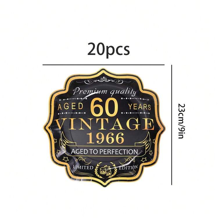 10个/20个/30个/60个，1966年复古60岁生日派对用品套装 - 黑金“60岁”字样一次性7英寸和9英寸扇形纸盘，金色边缘，搭配9盎司纸杯，男女皆宜，周年纪念单日生日派对用品 | 60周年限量版庆祝餐具 - 多色60歲 - 查看 17