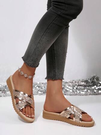 Women's Platform Wedge Sandals With Criss-Cross Strap, Casual Summer Travel Gold Butterfly Decor Flat Slide Slippers