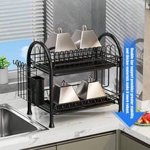 1PCS 2-Tier Wrought Iron Dish Drying Rack Large Size With Bowl Strainer, Drain Board And Utensils Holder Black - 黑色 - 查看 9