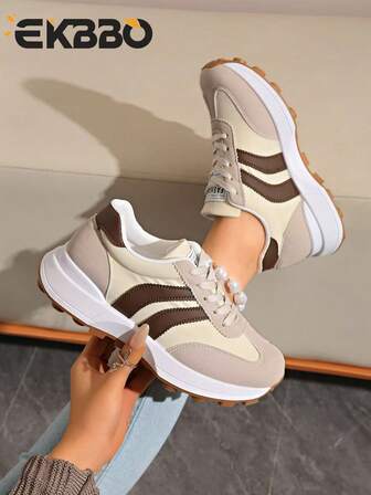 Zapatillas blancas de mujer para primavera/otoño, de caña baja, ligeras, antideslizantes, resistentes al desgaste, de tacón bajo, punta redonda, transpirables, con cordones, para uso casual y deportes al aire libre