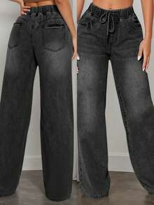 Quần jeans nữ ống rộng cạp chun, kiểu dáng thoải mái, màu trơn, chất liệu vải dệt dễ thương, gợi cảm, chất liệu cotton pha thoải mái, mẫu mới màu đen cho mùa xuân/hè. - màu đen - Xem 4