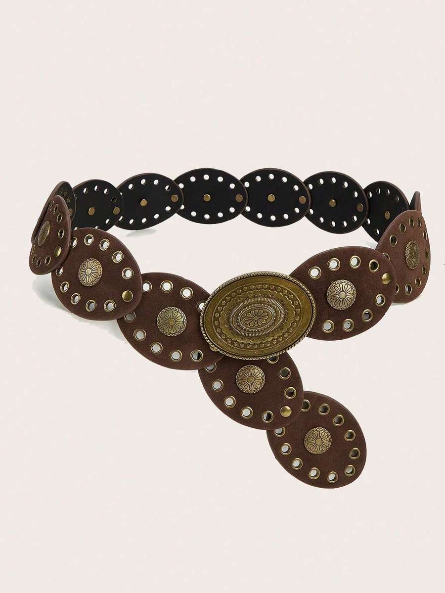 1 szt. Pasek damski w stylu western cowgirl w stylu boho, pasek boho, pas w stylu western, gotycki aksamitny pas w talii z patchworkiem, modny dodatek damski, jesienno-zimowy pasek w kolorze kawy z brązową, retro, kwiatową klamrą, owalny, dodatek do sukienki, odpowiedni na imprezę, plażę, festiwal muzyczny