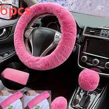 6pcs/Set Luxury Winter Fashion Faux Fur Steering Wheel And Handbrake Cover Set - Soft, Fluffy, Warm, Universal Fit For Sedan/SUV - one-size - View 1