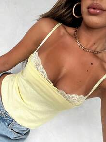 Vuslat 女士夏季休闲性感露背蕾丝拼接吊带背心，适合海滩度假、郊游、夏季假日装扮、下午茶聚会 - 黃色 - 查看 1