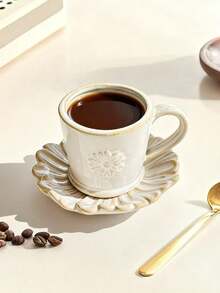 一套咖啡杯+碟，创意复古浮雕花卉图案浓缩咖啡杯碟，独特陶瓷咖啡杯套装，适用于咖啡馆、客厅、餐厅、甜品店