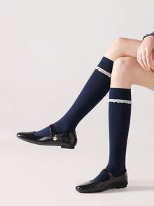 1/2 Perechi Șosete până la coapsă cu dantelă pentru femei, jambiere subțiri cu buline drăguțe, șosete versatile Lolita la modă pentru toamnă/iarnă - Multicolor - Vizualizare 5