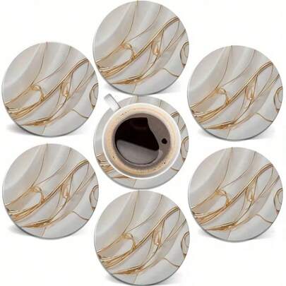 6pcs Elegant Beige Coasters With Gold Rim - Heat Resistant Moisture Proof Sturdy Wooden Drink Coasters - Suitable For Dining Table, Office, Housewarming Gifts - For Coffee, Wine, Beer Cups - Essential For Parties, Weddings - Modern Design Premium Tableware, Natural Style Decor, 2D Flat, Wedding Decoration, Party Essential, Fashionable Tableware, Heat-Resistant Material, Table Protector, Office Staff, 6pcs/Set, 1800pcs/300Sets