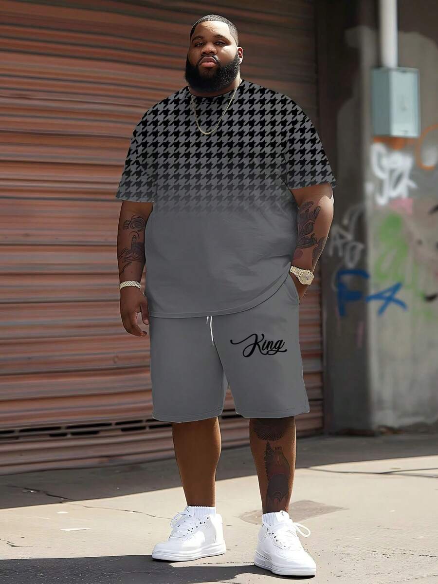 2pcs Big & Tall Men's Set: Houndstooth Ombre Print Short Sleeve T-Shirt + King Embroidery Casual Shorts - 灰色 - 查看 1