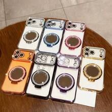 Luxury Shiny Rhinestone Lens Protect PlatingAnti-Drop Case With Shiny Glitter MakeupMirror Ring Holder Bracket Phone Case High Quality Shockproof Bumper BackCover Compatible With IPhone 17 16E 15 14 13 12 11 X XS Max XR Pro Plus Galaxy A02S -A07 A12-A17 A22-A26 A32-A36 A50-A56 S20-S25 Honor Magic OPPO Reno Redmi Infinix Smart - Purple - View 9