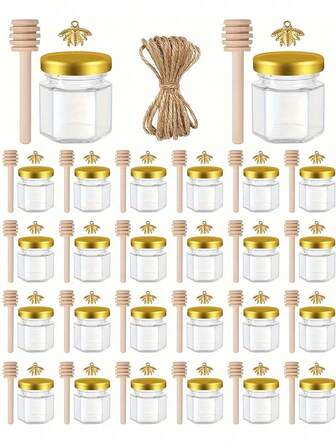 1.5oz Hexagon Mini Glass Honey Jars - 1 Set, 5 Sets, 10 Sets, 30 Sets, Honey Glass Jars With Wooden Dipper, Gold Lid, Thank You Card And Burlap Twine, Ideal For Baby Shower, Wedding And Party Favors