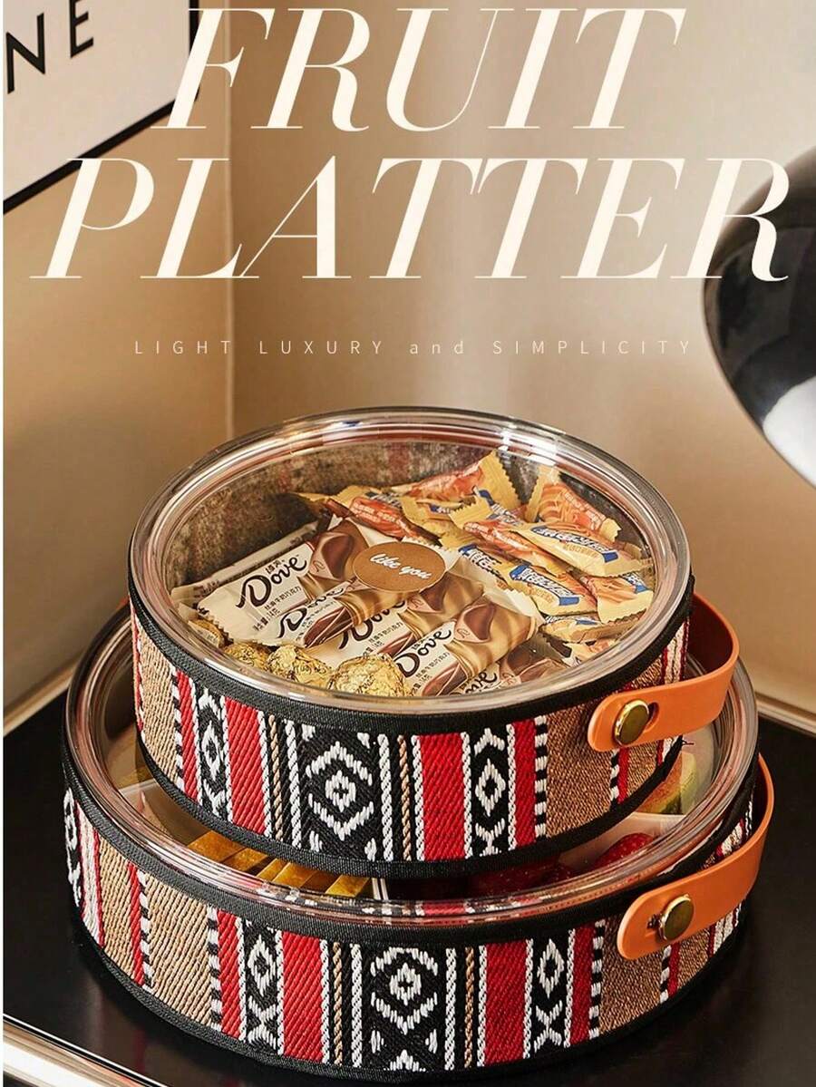 1pc Bohemian Style Storage Box Tray, Round Organizer Plate With Large Storage Space, Unbreakable,Great For Snacks, Fruits Or Decorative Display, New Year, Christmas, Rama Table Decor, Family Dining, High-End Restaurants Supplies, Housewarming Gift, Summer Home Decor - Multicolor - View 1