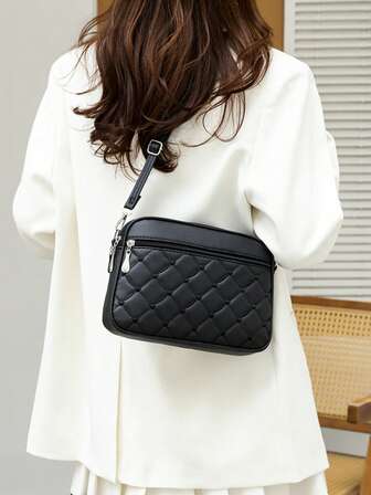 1pc Fashion Simple Love Decoration Diamond Grid Messenger Bag, Black Messenger Bag, White Shoulder Bag, Casual Girl Mobile Phone Bag And Mom Shopping Bag, Large Capacity Multifunctional Storage Bag, Mobile Phone Wallet Key Card Tissue Cosmetics Umbrella Sunglasses Skin Care Lipstick Storage Bag, Suitable For Daily Travel, Versatile Style Favorite Holiday Gifts, Banquets, Travel, Business Trips, Outings, Outdoor, Happy Holiday Gifts For Women