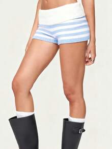 Women's Fold Over Waist Knitted Shorts Y2k Low Waist Striped Print Color Block Slim Fit Hot Pants Party Clubwear Going Out Sweater Shorts Loungewear Bottoms Stretchy Yoga Shorts Summer Casual Active Jogger Sweatshorts - 藍色 - 查看 5