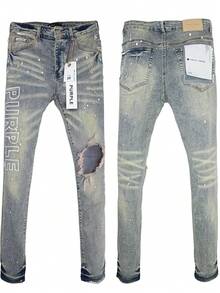 Light Luxury Denim  Men's Jeans High Street Ripped Hole Letter Logo Print  Retro Small Leg Jeans - Medium Wash - View 3