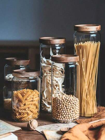 1pc Rosewood Sealed Glass Jar With Wooden Lid, Glass Storage Jar With Lid For Coffee Beans, Loose Tea, Pasta, Salt, Nuts, Sugar, Spices, Kitchen Accessories, Kitchen Storage Jars, Grains, Essential Kitchen Storage, Kitchen Tools, Glass Bottle, Wedding Gift, Christmas Gift, Halloween Gift, Valentine's Day Gift, Suitable For All Seasons