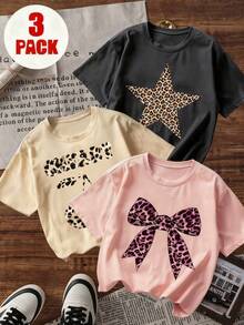 3pcs/Set Tween Girl Bow, Star & Cherry Print Short Sleeve T-Shirts, Summer Tops - Multicolor - View 1