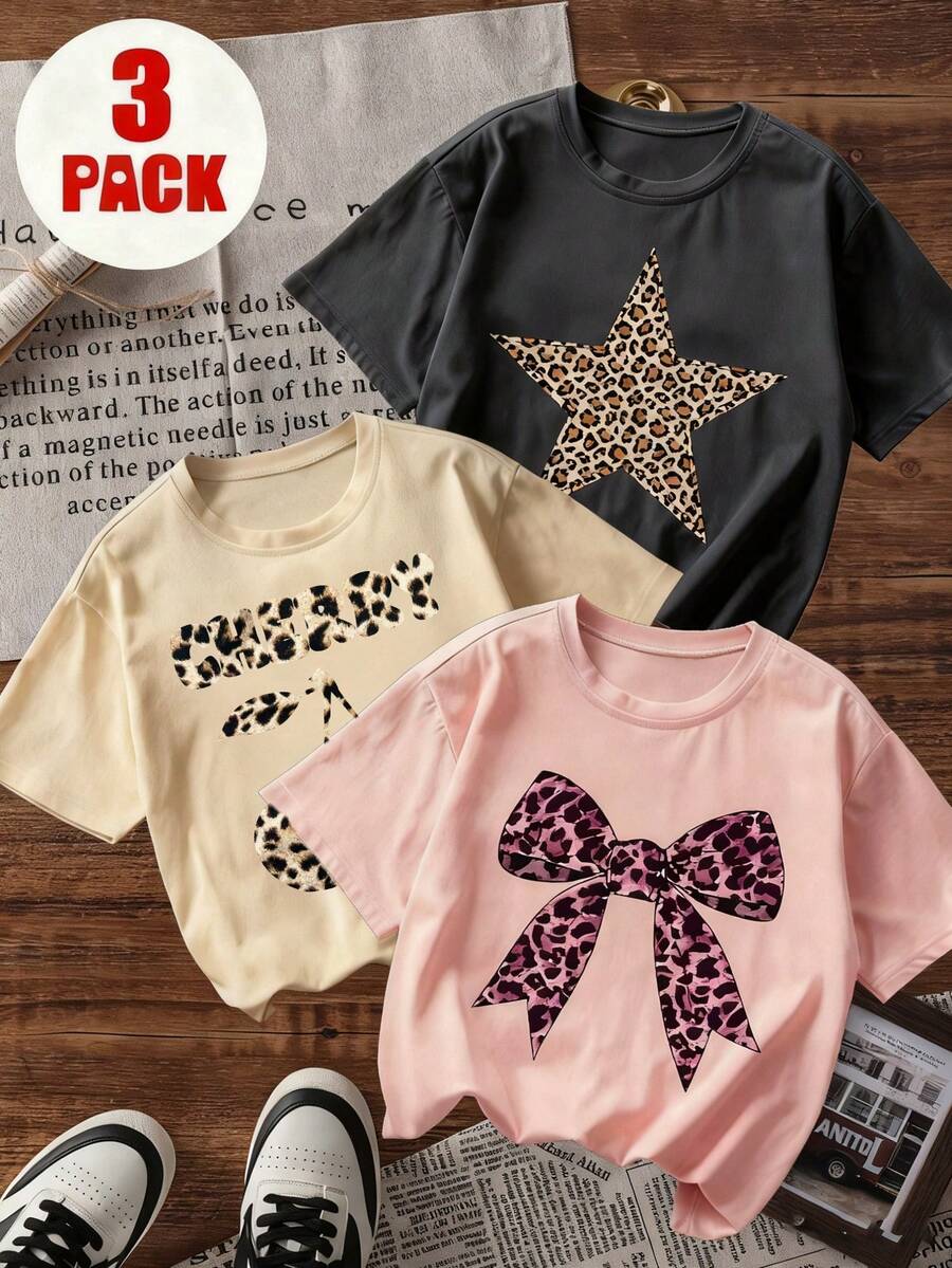 3pcs/Set Tween Girl Bow, Star & Cherry Print Short Sleeve T-Shirts, Summer Tops - Multicolor - View 1