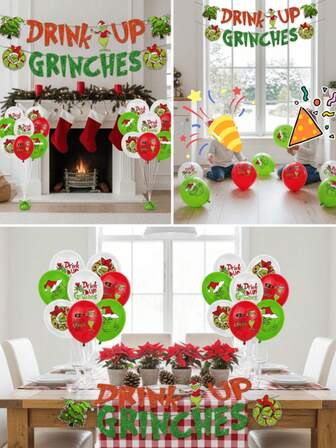 17/16/1pc Christmas Festive Holiday Decor Bundle: Premium "DRINK UP GRINCHES" Sparkle Banner & Vibrant Balloons – Transform Any Space Into A Cheerful Christmas Party Scene