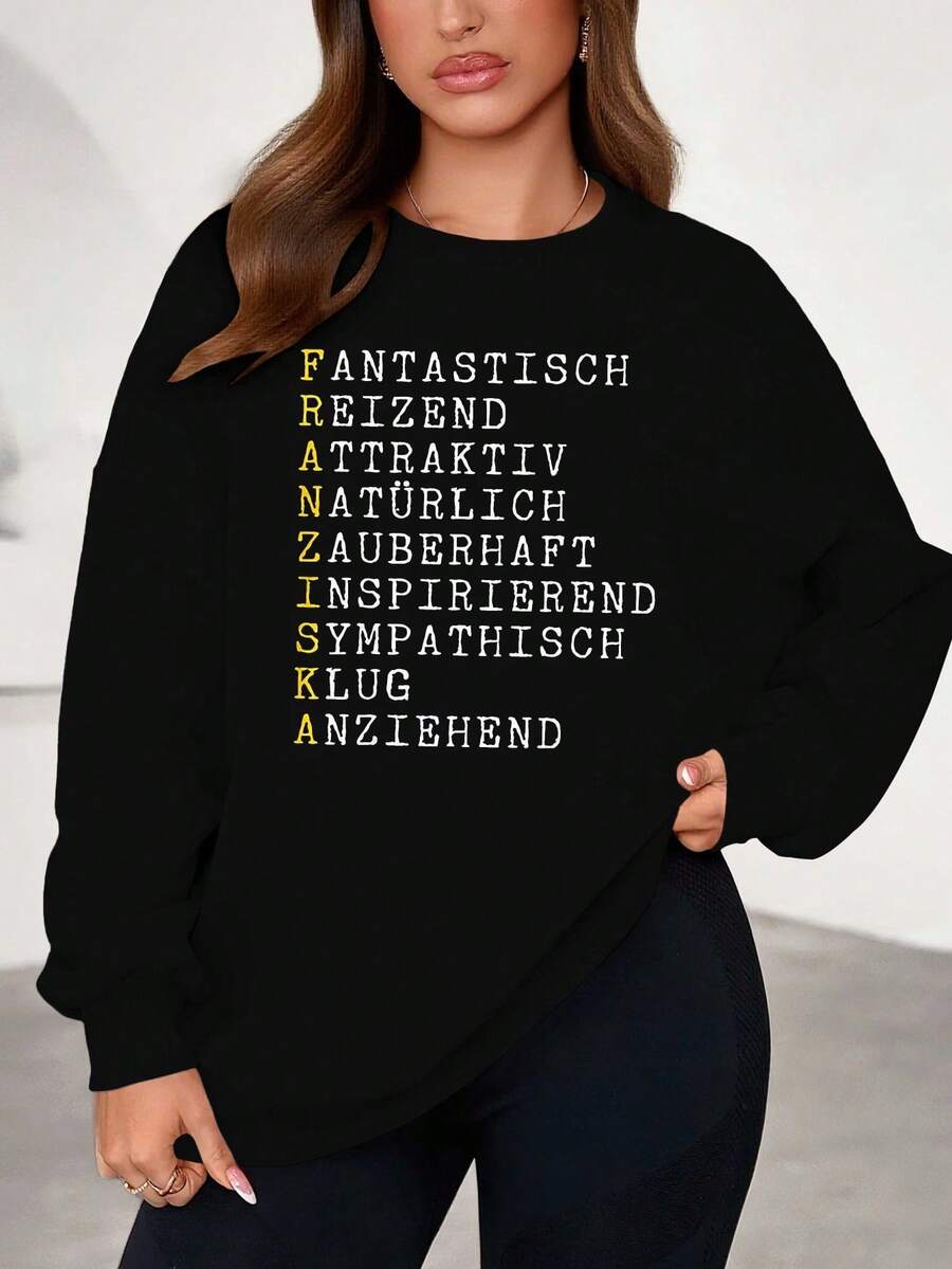 Women Name Franziska Sweatshirt Casual Long Sleeve Round Neck Pullover With Text Print Word Design FranziskaNameAdelGrunIngridMari AnnaBeateBrigitteChristaDorisGreteHelgaKatheRuthSilviaT - 黑色 - 查看 1