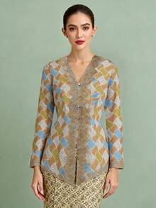 Kebaya Nyonya For Women: Diamond-Patterned Lace-Trimmed Waffle-Knit Long-Sleeved Top, Suitable For Everyday Wear And Holidays.