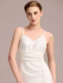 Elegant Embroidered Sleeveless Spaghetti Strap Wedding Gown With Flowing Overlay Summer Little White Dress For Lawn Weddings & Garden Parties - White - View 6