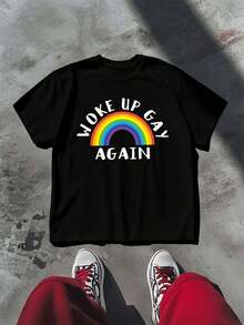 Vintage Rainbow Pride Gay Again T-Shirt, aus hochwertigem Stoff, bequeme Passform, Street-Hip-Hop-Stil,  Aufdruck, ideal für den Sommer. - Schwarz - Übersicht 2
