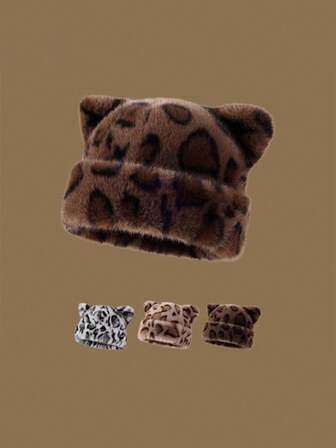 1 pieza Sombrero de mujer de invierno con estampado de leopardo y pelaje mongol, grueso y cálido, resistente al frío, multifuncional, con diseño de correa de sujeción