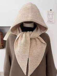 1件装女士休闲纯色麻花针织纹理保暖防风蓬松加厚连帽围巾围脖，适合约会、日常穿着、购物、旅行、搭配