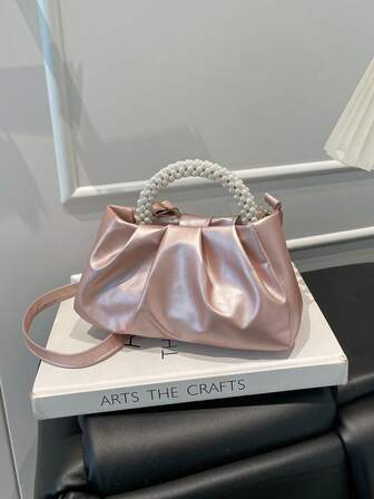New Fashion Round Pearl Pleated Cloud Handbag, Unique Personality Shoulder Crossbody Bag For Women