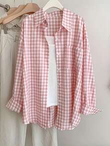 Vielseitige Damen Rosa Gingham Bluse mit Knopfleiste, Hemdkragen und Tasche, Oversized-Passform, Langarm, Nicht-Stretch, Frühling - Pink - Übersicht 3