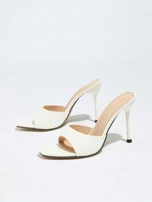 Women's High Heel Sandals, Fashionable And Sexy, Featuring Chunky Heel, Wide Strap, Mule Design, High-End Mirror Finish, Delicate Water Wave Stone Texture, Crocodile Pattern, Romantic And Elegant, Bright White Color, Small Square Toe, Slim High Heel, Suitable For Night Club, Party, Stage, Outdoor, Campus, Travel, Valentine's Day, Mother's Day, Women's Day, Thanksgiving, Christmas, New Year Gift - White - View 5