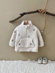 Baby Girls' Floral Embroidery Fleece Collar Raglan Sleeve Zip-Up Warm Jacket, Winter - Apricot - View 5