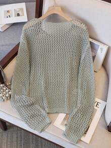 Áo khoác dệt kim khoét lỗ hình ngôi sao kiểu dáng châu Âu và Mỹ dành cho nữ, cổ tròn, tay dài, dáng rộng, ngọt ngào và mát mẻ, giúp tôn dáng trong kỳ nghỉ. - xanh quân đội - Xem 2