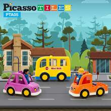 PicassoTiles cifras magnéticas de 5 piezas de vehículo y cifras de acción, incluyendo autobús escolar, coche, camión y 2 conductores, paquete de expansión magnética, kit de juguete para niños pequeños, juego de simulación para bloques de construcción - 1 - Ver 3